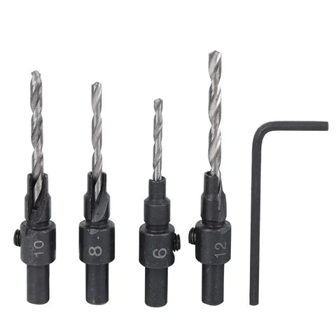 Adjustable Countersink Drill Bit Set For Woodworking - Four Piece Kit With Sizes 6 8 10 12 And Wrench, Quickly Replaceable Bits
