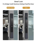 Waterproof Smart Fingerprint Password Biometric Auto Lock for Outdoor Push Pull Sliding Doors Mortise shown on aluminum door.