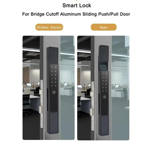 Waterproof Smart Fingerprint Password Biometric Auto Lock for Outdoor Push Pull Sliding Doors Mortise shown on aluminum door.