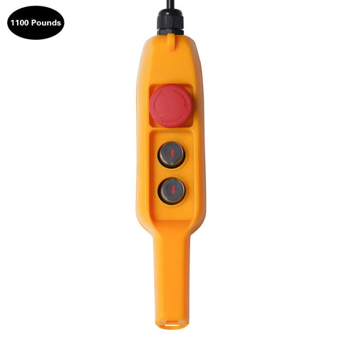Heavy Duty 1100 Lbs Electric Chain Hoist Handling Heavy Loads Without Breaking A Sweat, Featuring Lightning Fast 13 Ft Lift Speed And A Rock Solid 1300W Motor, Straight Up Reliable For Garage Cranes Shops And Weekend Warriors control pendant with buttons for lifting and lowering.
