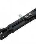 Close-up view of Beefy 6061 Aluminum Kickstand For Tuttio Soleil 01 Electric Dirt Bike Off Road Motorcycle Durable Dirt Bike Stand With Precise Fit Easy Setup No Slip Ground Support showing black metal build with bolts and holes for adjustments.