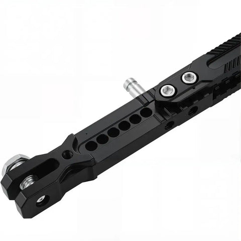 Close-up view of Beefy 6061 Aluminum Kickstand For Tuttio Soleil 01 Electric Dirt Bike Off Road Motorcycle Durable Dirt Bike Stand With Precise Fit Easy Setup No Slip Ground Support showing black metal build with bolts and holes for adjustments.