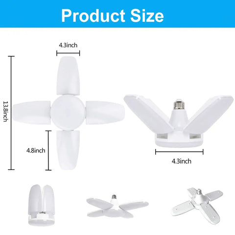 4 Pack LED Garage Lights 60W 6000LM Deformable Ceiling Fixtures E26 Dimmable 6500K Daylight Four Leaf Design dimensions