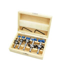 Forstner drill bit set, 5 pcs, blue-topped bits stored in wooden storage box