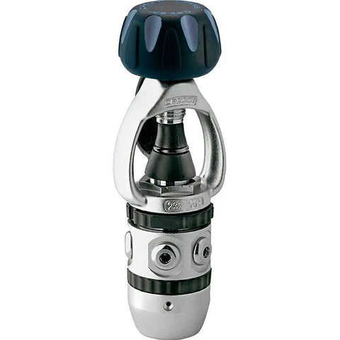 AC2 Compact Scuba Regulator For Beginner Divers And Travelers Budget Friendly Piston First Stage Plus Compact Second Stage With 1 HP And 4 LP Ports Lightweight Yet Rugged Made In Italy 923 Grams 32.6 Ounces showing close-up view of the piston first stage
