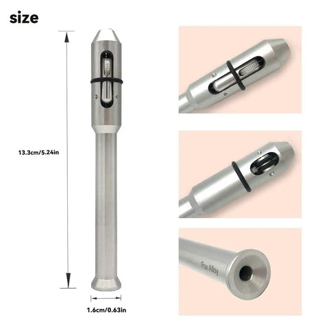 Wire Feeding Pen Tool For TIG Welding, rod holder showing dimensions, aluminum lightweight, smooth grip, compact design.
