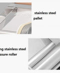 Top Shelf Stainless Steel Pasta Roller And Cutter Attachment Set Smooth Rolling Dough Presser For Home Kitchens Built Tough Easy Clean Kitchen Game Changer close-up of stainless steel roller and pallet.
