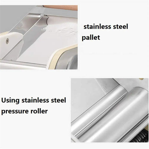 Top Shelf Stainless Steel Pasta Roller And Cutter Attachment Set Smooth Rolling Dough Presser For Home Kitchens Built Tough Easy Clean Kitchen Game Changer close-up of stainless steel roller and pallet.