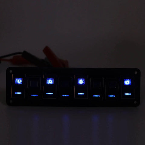 Eight Gang Aluminum Toggle Switch Panel For DC 12V To 24V Systems Waterproof Oxidized Black Finish 20A 5 Pin Blue LED Light