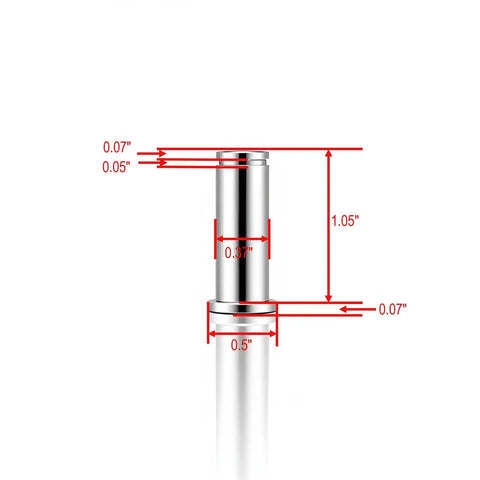 Close-up view of chrome clevis pin with measurements for Replacement Motorcycle Footpeg Mount Pins Kit With E Clips And Washers.