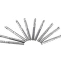 Front view: 10-piece end mill bit set with 1/8-inch shank, tungsten carbide, single-flute CNC router bits.