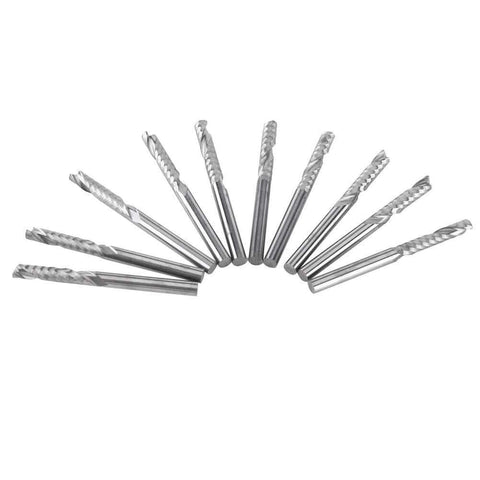 Front view: 10-piece end mill bit set with 1/8-inch shank, tungsten carbide, single-flute CNC router bits.