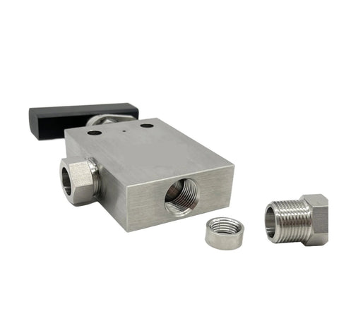 Needle valve 1/8 in, stainless steel 316, compact block with side port and removable fittings