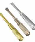 Three mini titanium steel screwdrivers in gold, bronze, and silver colors, non-slip handles for jewelry repair.