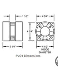 Diagram of Radon Mitigation Exhaust Fan with 6 Foot Power Cord and 4 Inch PVC Pipe, includes dimensions for easy install.