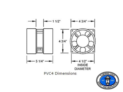 Diagram of Radon Mitigation Exhaust Fan with 6 Foot Power Cord and 4 Inch PVC Pipe, includes dimensions for easy install.