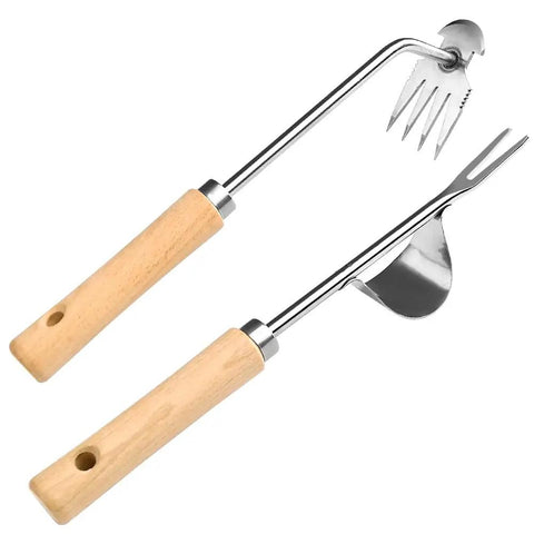 Two Pack Stainless Steel Hand Weeder Tools For Garden And Farm With V Shape Weeder And Four Teeth Weed Puller Wood Handles