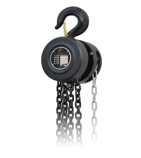 Heavy Duty 5 Ton Manual Chain Hoist Lifting Tool Perfect For Garage Work, showcasing black metal hoist with chains.
