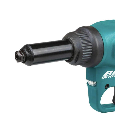 Close-up of Badass 18V Lithium Ion Brushless Cordless Rivet Tool With Tough As Nails 20 KN Pulling Force for aluminum and steel.