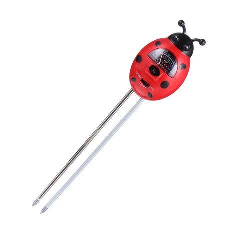 3 In 1 Ladybug Soil Tester Kit for Garden and Lawn with pH, moisture, nutrient checker, red plastic, metal probes, no batteries required