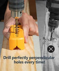 Pro Grade Drill Guide And Jig Block with Six Common Drill Bit Sizes in use on wooden board, showing perpendicular drilling