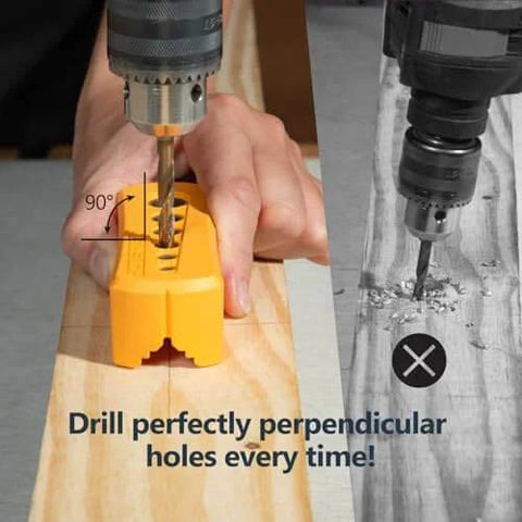 Pro Grade Drill Guide And Jig Block with Six Common Drill Bit Sizes in use on wooden board, showing perpendicular drilling