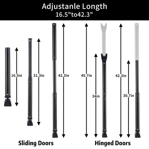 Diagram showing adjustable lengths of 2-In-1 Door Security Bar And Patio Stopper, Adjustable Iron, Kid Proof, Black for sliding and hinged doors.