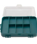 Double-Side Hardware Box Storage Organizer With 13 Compartments, open with transparent lid, rugged green plastic case