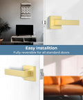 Six Pack Passage Door Knobs And Interior Door Levers In Gold Satin Brass Finish Keyless Closet Door Handles in a living room and hallway installation
