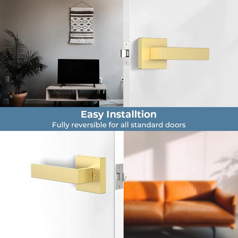 Six Pack Passage Door Knobs And Interior Door Levers In Gold Satin Brass Finish Keyless Closet Door Handles in a living room and hallway installation