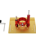Heavy Duty Manual Lifting Router System Kit With Sleek Gold Aluminum Alloy And Stainless Steel Router Table Insert Base For Woodworking Pros No Sweat Setup And Tight Grip Stability, featuring red adjustment knobs.
