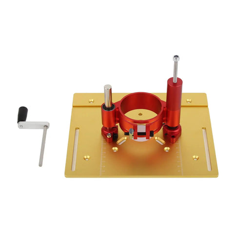 Rugged Aluminum Router Lift Plate With Easy Manual Forty Seven Millimeter Adjustments Fits Standard Sixty Four To Sixty Five Millimeter Trimmers For Sweet Precision And Heavy Duty Woodshop Results.