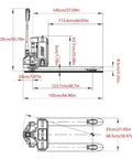 Heavy Duty Electric Pallet Jack Truck With Long Lasting Lithium Battery For Warehouses Holds 4400 Lbs Load technical diagram with dimensions.