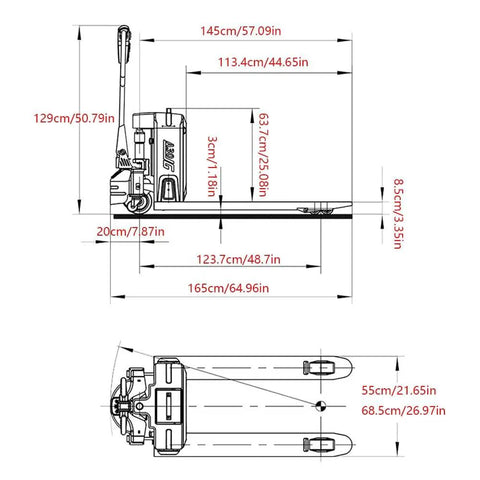 Badass Heavy Duty Electric Pallet Jack That Crushes 4400 Lb Loads Smooth 48V Lithium Battery 68.5cm Forks dimensions diagram