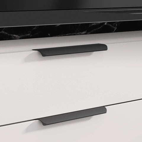 5 Pack Adhesive Edge Finger Pulls For Cabinets installed on white drawers in black finish, aluminium alloy concealed drawer pulls.