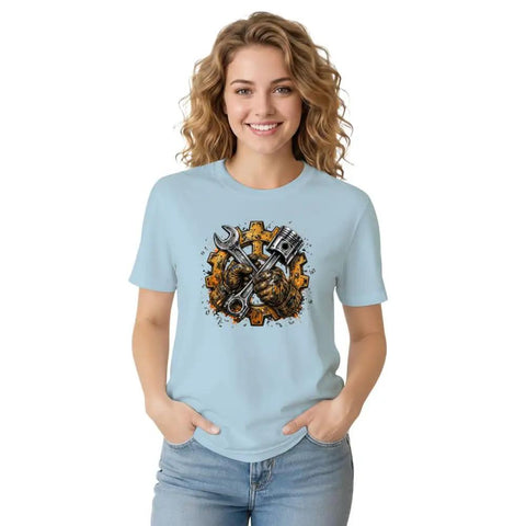Rugged Garage Project T-Shirt With Vintage Piston Wrench And Gear Badge Design For Hardcore DIY Builds, Engine Repair Work, And Weekend Shop Creations Featuring Distressed Vector Graphics On Mens Heavyweight Cotton, light blue, worn by woman