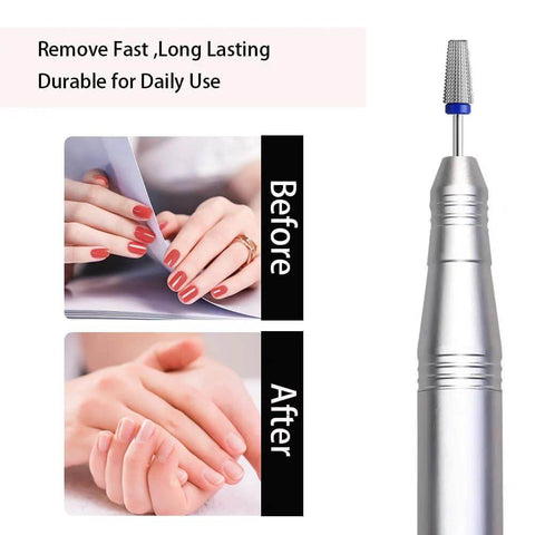 5-in-1 carbide nail drill bit installed on a silver handpiece; 3/32" shank for acrylic or hard gel nails.
