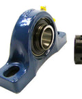 Built Tough Industrial Pillow Block Ball Bearing Housing Unit Featuring A One Point Four Inch Round Shaft and Heavy Duty Sealed Grease Lubrication for Gritty Jobs and Ridiculously Smooth Rolling Action, showing blue steel housing and black end cover.