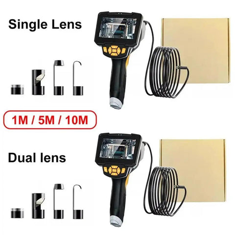 Real Deal 1080P Borescope Camera With Blinding LED Flash And Hella Sharp 4.3 Inch IPS Screen showing single and dual lens options.