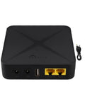 Solid Mini Ups Backup Power With 9000Mah Lithium Battery supports 5V 9V 12V and 48V Poe, top view of compact black power brick.
