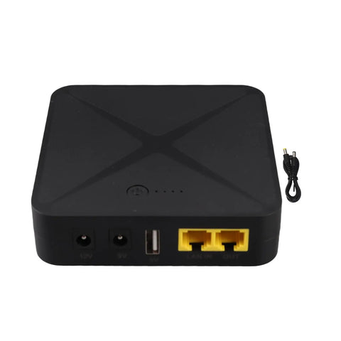 Solid Mini Ups Backup Power With 9000Mah Lithium Battery supports 5V 9V 12V and 48V Poe, top view of compact black power brick.
