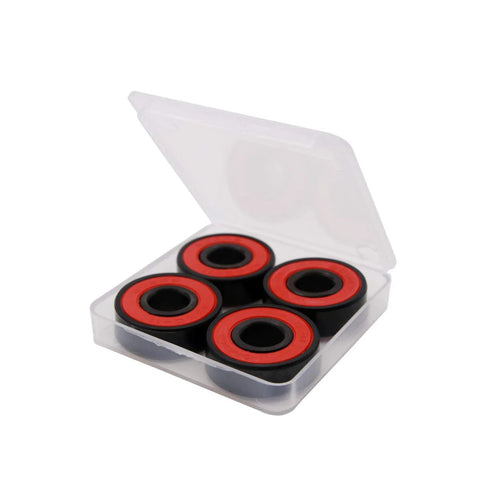 Pack of four 608RS hybrid ceramic bearings with red seals in a clear plastic case