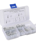 100Pcs Heavy Duty Industrial R Pins Mechanical Locking Hair Pins Steel Hitch Clips With Rust Resistant Chrome Plating For Tractor Auto Garage Workshop Organized Kit in storage case with assorted sizes.