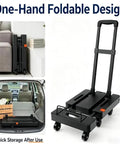Beefy Folding Hand Truck Dolly Cart With 6 Wheels And 500 Lb Capacity For Luggage Moving And Travel Heavy Duty Utility Cart That Folds Flat For Easy Storage Sturdy Haul With 2 Elastic Ropes folded flat beside sofa and in car trunk