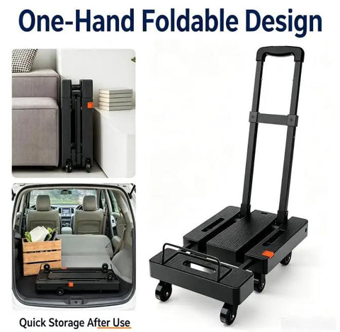 Beefy Folding Hand Truck Dolly Cart With 6 Wheels And 500 Lb Capacity For Luggage Moving And Travel Heavy Duty Utility Cart That Folds Flat For Easy Storage Sturdy Haul With 2 Elastic Ropes folded flat beside sofa and in car trunk