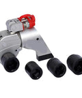 Heavy Duty Aluminum Hydraulic Torque Wrench Knocks Out Up To 15000 Nm With Bullseye Accuracy Quick Release Catch And Swappable Shafts for mechanics with three black sockets.