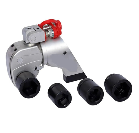Heavy Duty Aluminum Hydraulic Torque Wrench Knocks Out Up To 15000 Nm With Bullseye Accuracy Quick Release Catch And Swappable Shafts for mechanics with three black sockets.