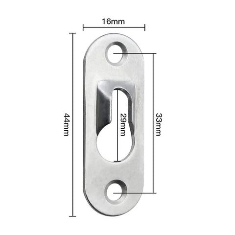 Heavy Duty Keyhole Hangers 120 Pack Built Tough Wall Mounting Hardware For Picture Frames Mirrors And Shelves Invisible Slide In Design Stainless Steel Finish, detailed dimensions of a stainless steel keyhole hanger.