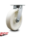 Pro Grade Kingpinless Nylon Swivel Top Plate Caster Built As A Heavy Duty Workhorse Handling 1250 Lbs Like A Dream Featuring Eight Inch White Wheels That Roll Nice side view of sturdy 8 inch white nylon wheel.