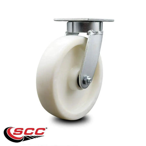 Pro Grade Kingpinless Nylon Swivel Top Plate Caster Built As A Heavy Duty Workhorse Handling 1250 Lbs Like A Dream Featuring Eight Inch White Wheels That Roll Nice side view of sturdy 8 inch white nylon wheel.
